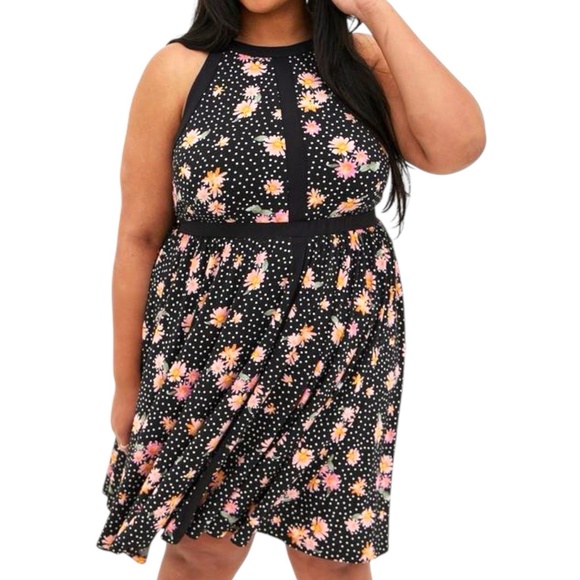 torrid Dresses & Skirts - Torrid Black Floral Polka Dot Skater Dress Plus Size 2X‎ 2XL Sleeveless Keyhole
